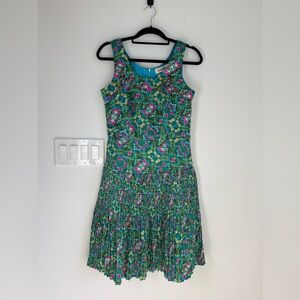 Anthropologie Louche Lavita Green Floral Pleated Dress Size 6 **missing belt
